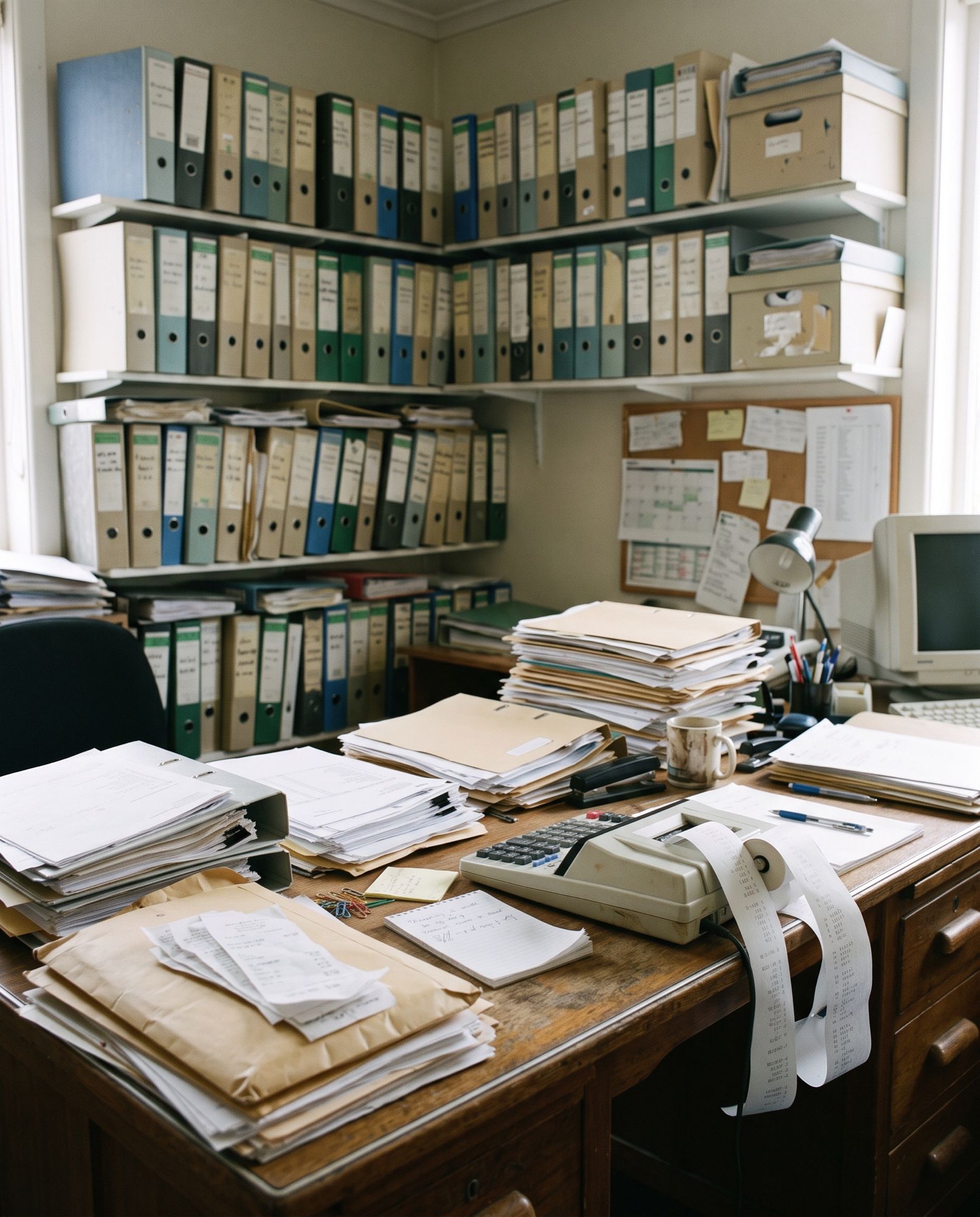 An accountancy office with shelves of box files and a desk of client paperwork