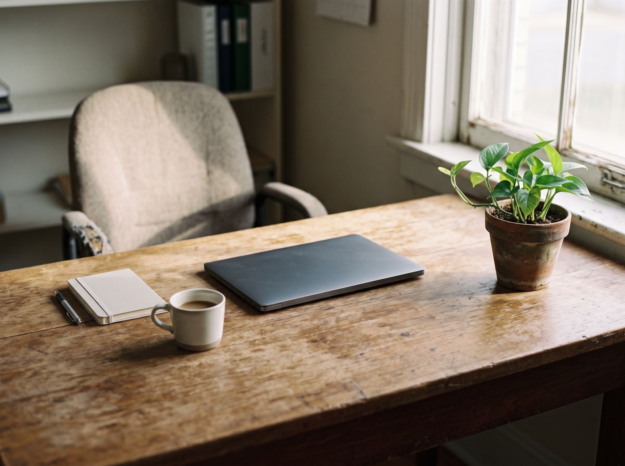 The same desk, cleared: a closed laptop, a coffee and a plant