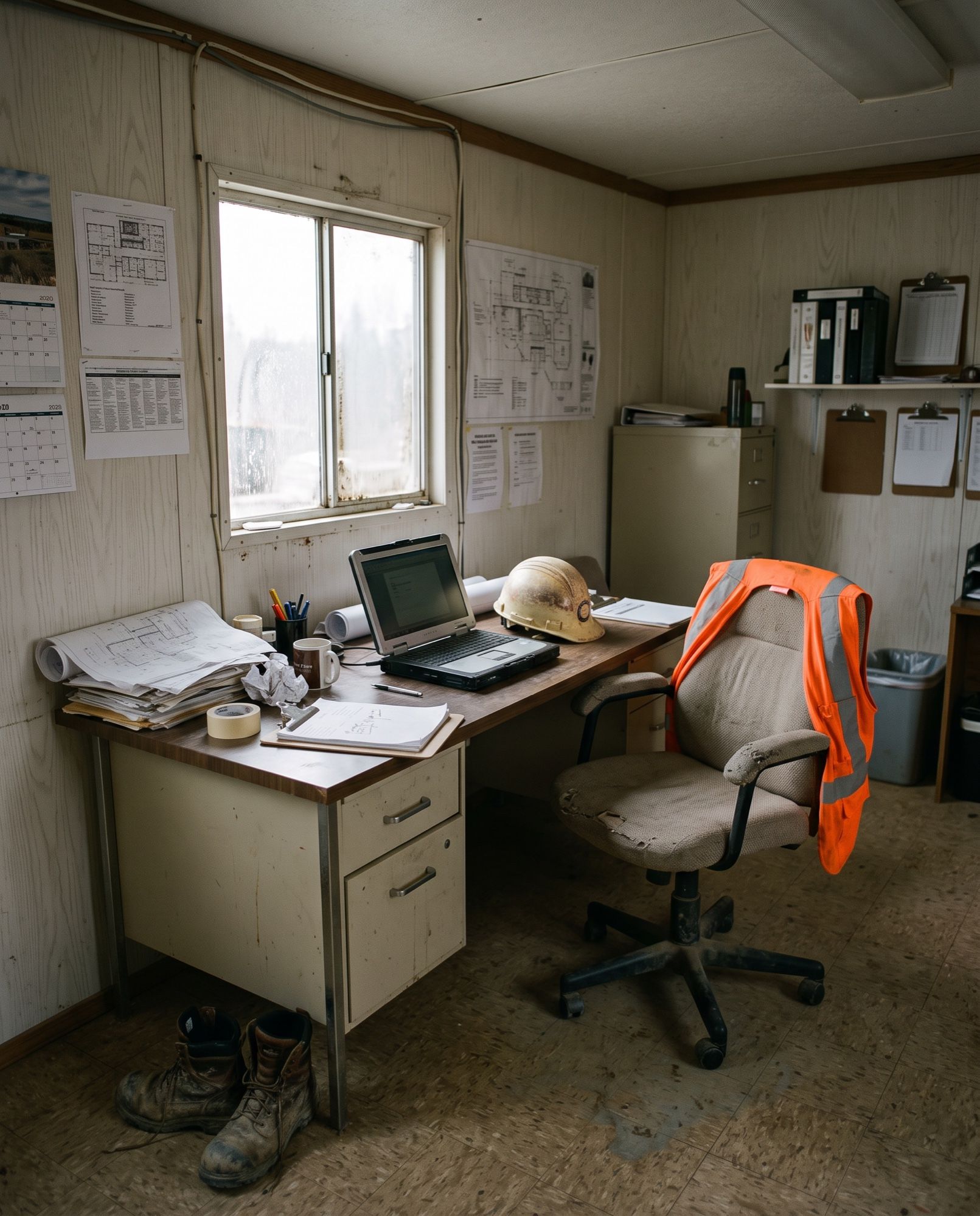 A site cabin office with a hi-vis vest, hard hat, drawings and work boots