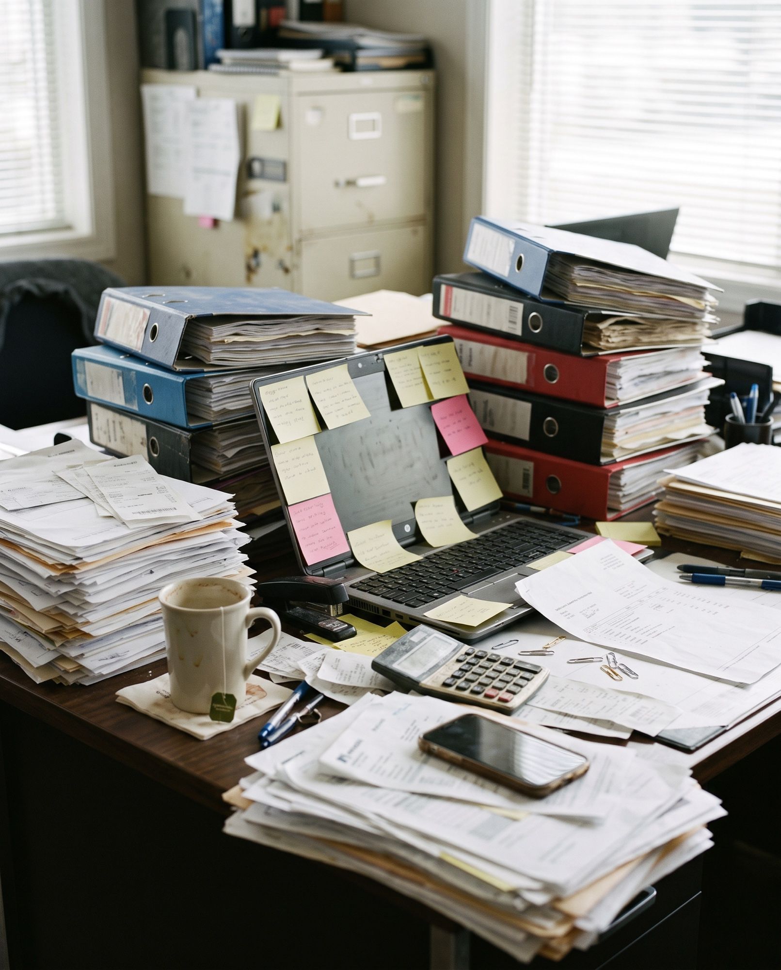 An office desk buried under invoices, binders and sticky notes